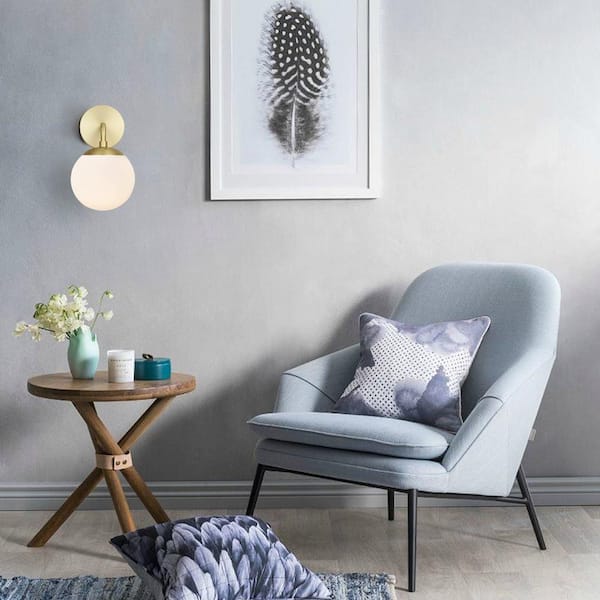 Zeno Globe Brushed Brass Wall Sconce with White Shade