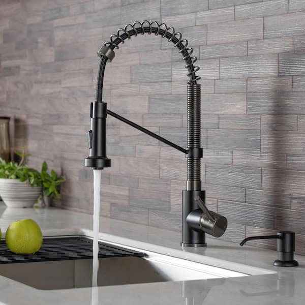 Single Handle 18-Inch Kitchen Faucet with Dual Function Pull-Down Sprayhead in Matte Black/Black Stainless Steel Finish