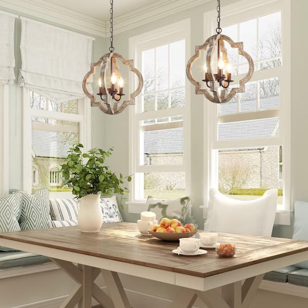 3-Light Bronze Modern Farmhouse Kitchen Island Chandelier Light Distressed Wood Hall-Foyer Open Cage Pendant Light