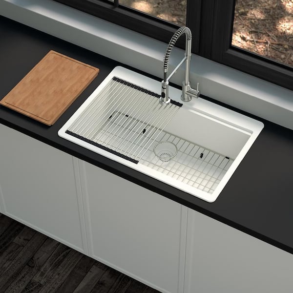 Stonehaven Drop-in/Undermount White Ice Granite Composite 33 in Single Bowl Workstation Kitchen Sink with White Strainer