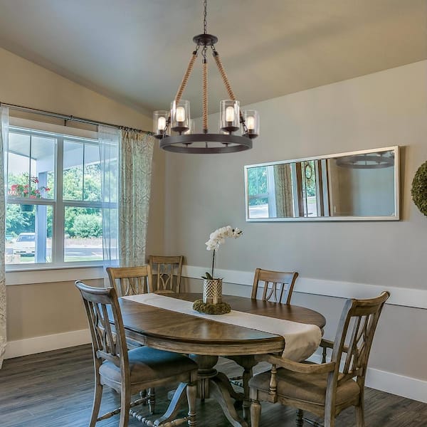 Farmhouse 6-Light Dark Brown Wagon Wheel Island Rustic Chandelier with Cylinder Clear Glass Shades and Natural Ropes