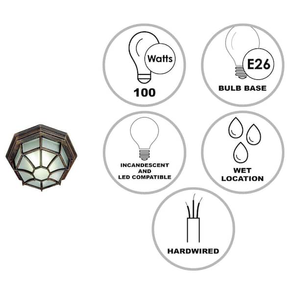 Benkert 9 in. 1-Light Rust Outdoor Flush Mount Ceiling Light Fixture with Frosted Glass