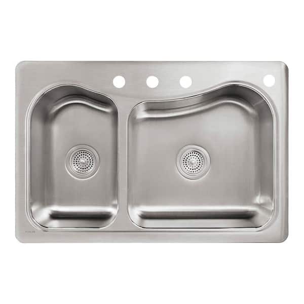 Staccato Drop-In Stainless Steel 33 in. 4-Hole Double Offset Bowl Kitchen Sink with Included Hardwood Cutting Board