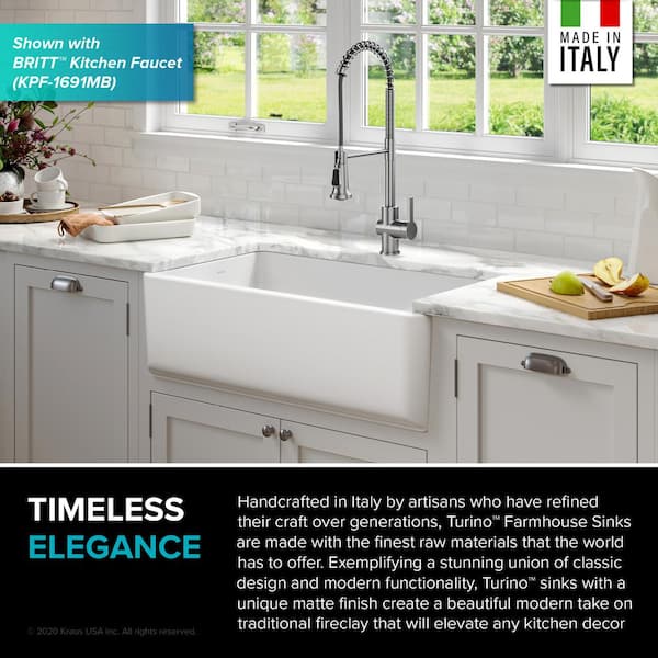 Turino Matte White Fireclay 33 in. Single Bowl Farmhouse Apron Kitchen Sink