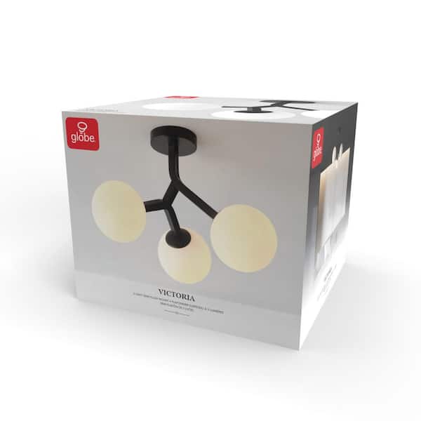 20 in. 3-Light Matte Black Modern Semi-Flush Mount with frosted glass shade and No Bulbs Included