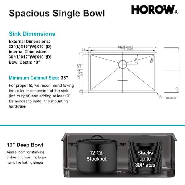 32 in. 16-Gauge Undermount Single Bowl Stainless Steel Kitchen Sink with Bottom Grid, Basket Strainer, Cutout Template