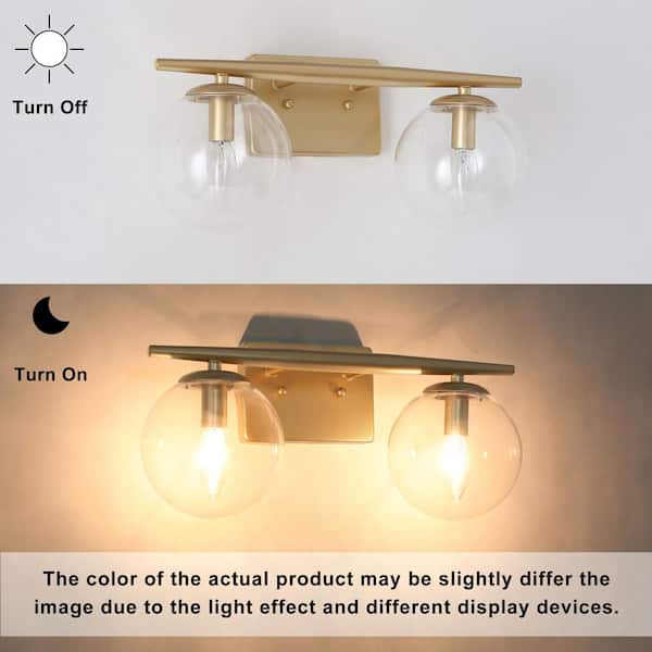 Mid-Century Globe Bathroom Vanity Light 2-Light Modern Brass Gold Round Wall Light with Clear Glass Shades