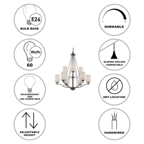 Mod Pod 9-Light Brushed Nickel Tiered Chandelier Light Fixture with Frosted Glass Cylinder Shades