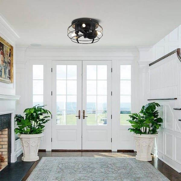 12.2 in. Modern Caged Flush Mount Black Ceiling Fan with Light and Remote Control