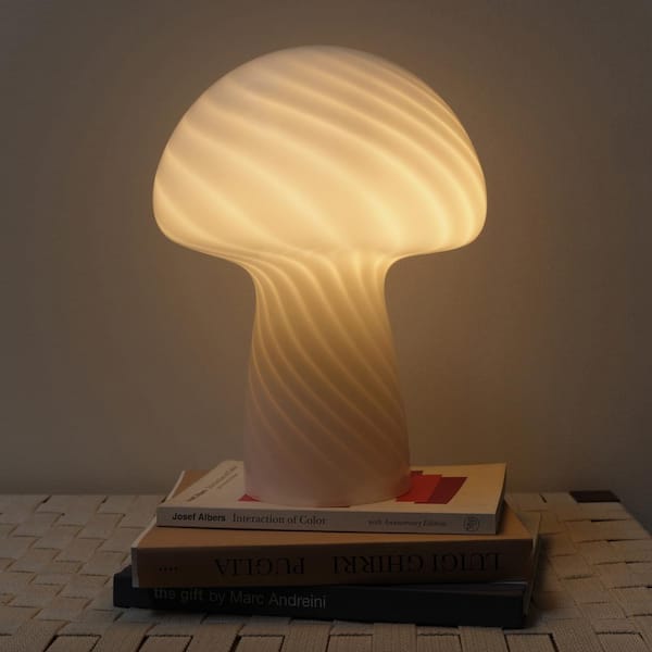 Mushroom 12.75 in. White LED Round Table Lamp with Striped Glass Shade