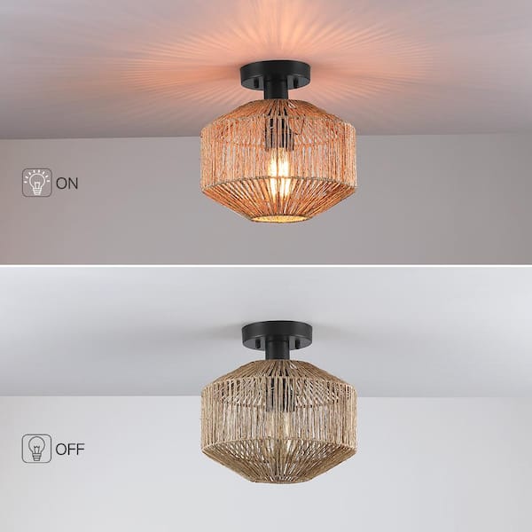 10.2 in. 1-Light Bohemian Natural Jute Rope Semi-Flush Mount Ceiling Light with Black Hardware