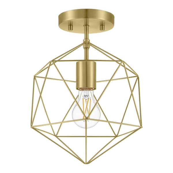 Winfield 9.5 in. 1-Light Gold Semi-Flush Mount Ceiling Light Fixture with Geometric Cage