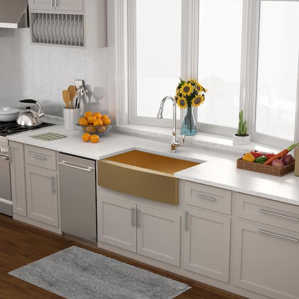36 in. Farmhouse/Apron-Front Single Bowl 16-Gauge Gold Stainless Steel Deep Kitchen Sink with Bottom Grids
