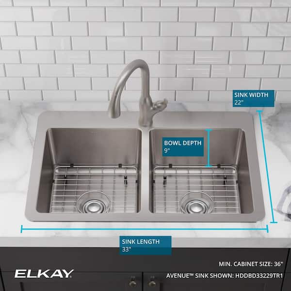 Avenue 33 in. Drop in/Undermount Double Bowl 18 Gauge Stainless Steel Kitchen Sink with Bottom Grids