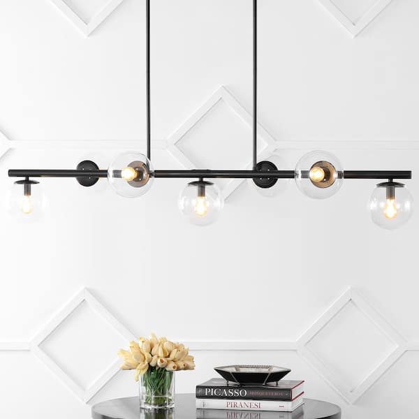 Luca Parisian 53 in. 7-Light Black/Clear Modern Glam Iron Globe Linear LED Pendant Light, Black