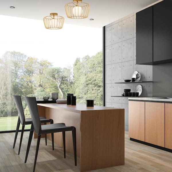 Murray 13 in. Gold Metal Semi-Flush Mount Ceiling Light with Frosted Glass Globe Shade