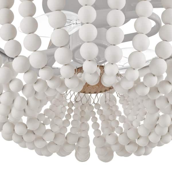 Cayman 13 in. 2-Light White and Faux Wood Beaded Semi-Flush Mount Ceiling Light Fixture with Beaded Shade