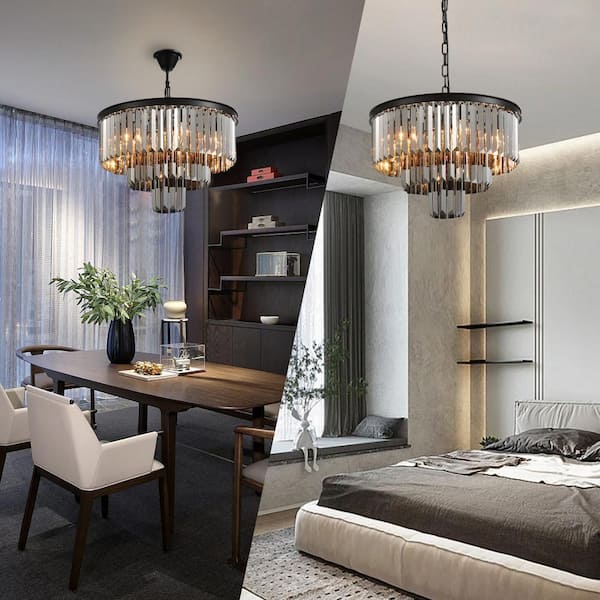 3-Tier Black and Smoked Crystal Chandelier 20 in. 6-Light Modern Kitchen Island Dining Table Pendant Lighting