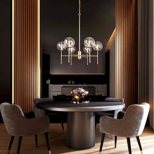 Mid-Century Dining Room Chandelier 6-Light Modern Brass Gold Candlestick Chandelier with Seeded Glass Shades