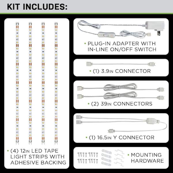 12 in. LED Linkable White Flexible Tape Under Cabinet Light Kit (4-Strip Pack)