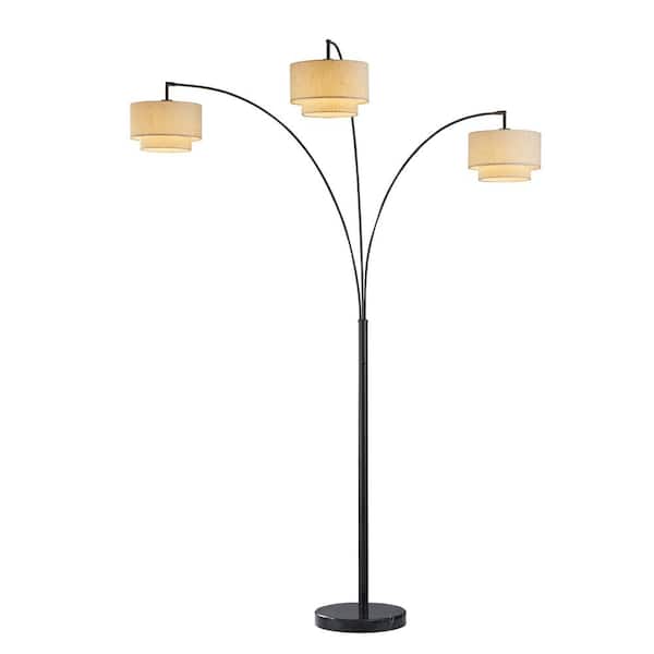 Lumiere III 83 in. Double Tan Shade LED Arched Floor Lamp with Black Marble Base and Dimmer, Dark Bronze