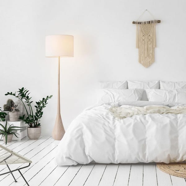 65 in. Faux Wood Floor Lamp with White Cotton Shade