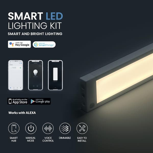 Works with Alexa, Google 12 in. White Smart Dimmable LED Under Cabinet Lighting Kit Warm White (3000K) (6-Pack)