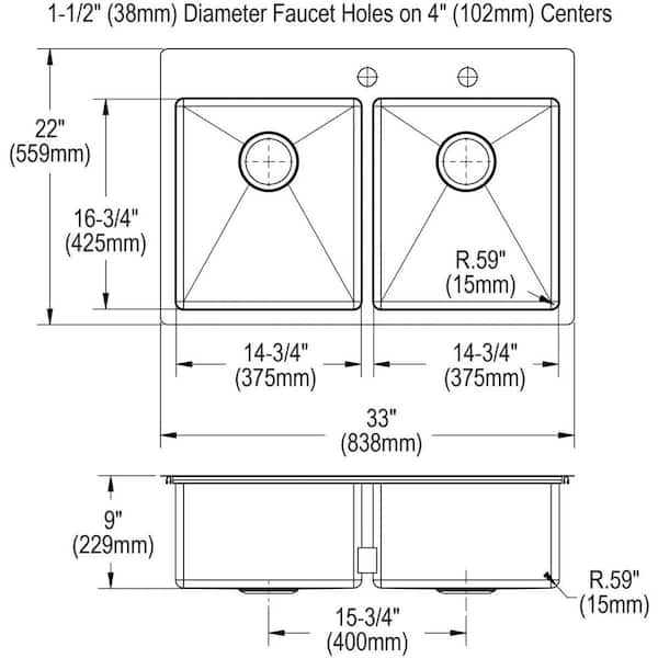 Crosstown Drop-In/Undermount Stainless Steel 33 in. 2-Hole Double Bowl Kitchen Sink with Bottom Grids