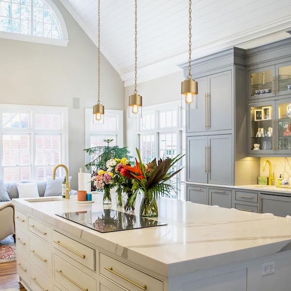 Mid-Century Cylinder Kitchen Island Hanging Pendant Light 1-Light Brass Gold Modern Pendant Light with Clear Glass Shade