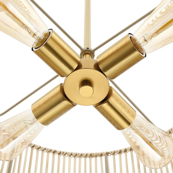 Saturn 22 in. 4-Light Brass Modern Bohemian Chandelier with Natural Rattan Shade