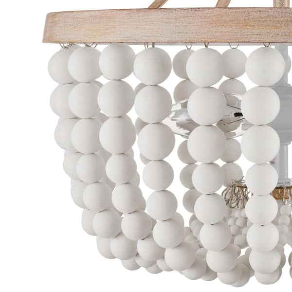 Cayman 13 in. 2-Light White and Faux Wood Beaded Semi-Flush Mount Ceiling Light Fixture with Beaded Shade