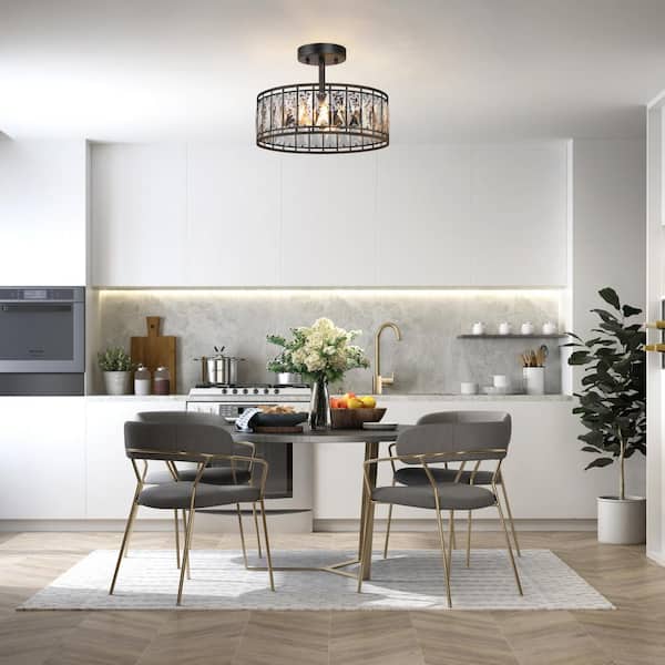 12.5 in. 2-Light Industrial Modern Black Drum Semi Flush Mount Light with Crystal Glass Shade