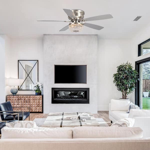 48 in. Crystal Flush Mount Satin Nickel Ceiling Fan with Light Kit and Remote Control