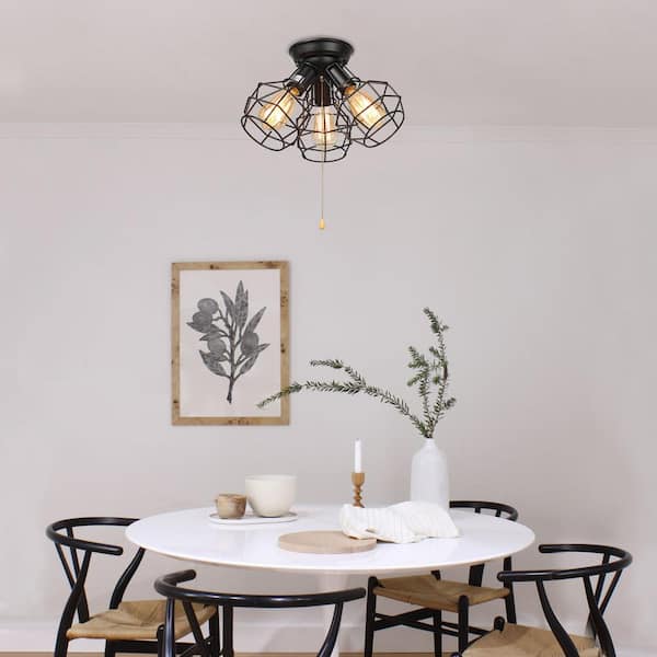 Hine 3-Light Modern Industrial Black Open Cage Semi-Flush Mount Light Versatile Ceiling Light with Pull String