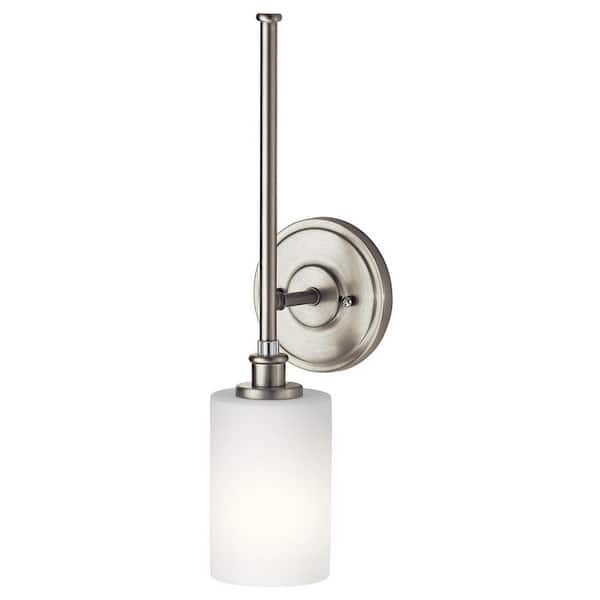 Joelson 5 in. 1-Light Brushed Nickel Transitional Bathroom Wall Sconce with Satin Etched Cased Opal Shade