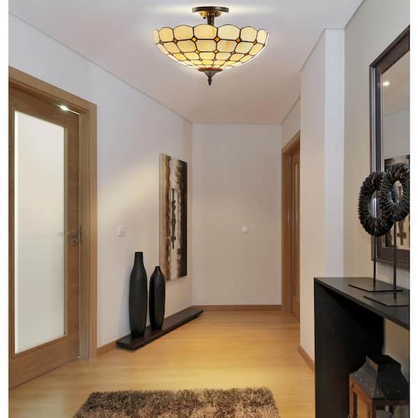 Jason 15.7 in. Cream 2-Light Tiffany-Style Glass/Metal LED Semi-Flush Mount