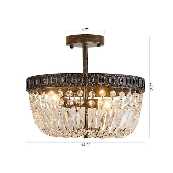 14 in. 3-Light Brushed Black Semi Flush Mount Crystal Chandelier Ceiling Light Fixture, No Bulbs Included