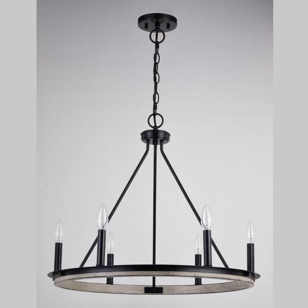 Russel 6-Light Matte Black and Weathered Gray Farmhouse Candle Wheel Chandelier