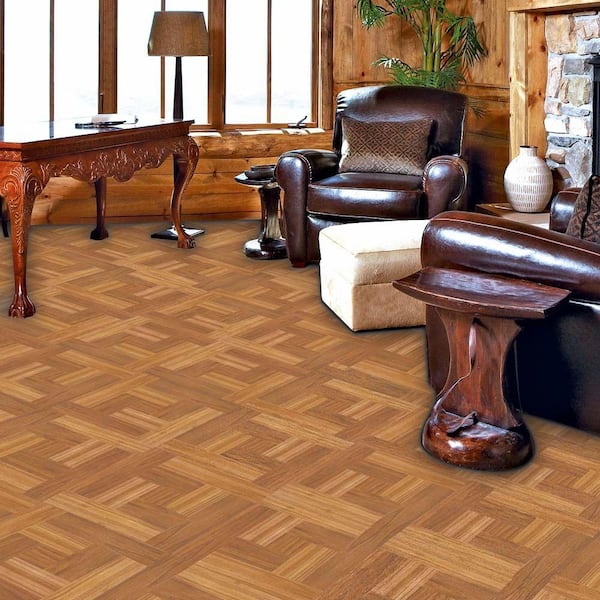 Brown Wood Parquet 4 MIL x 12 in. W x 12 in. L Peel and Stick Water Resistant Vinyl Tile Flooring (30 sqft/case)