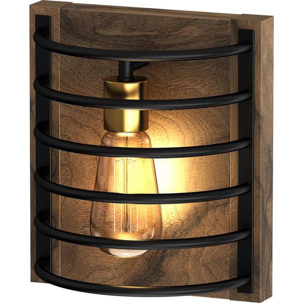 1-Light Indoor Bronze and Walnut Industrial-Inspired Caged Mini Wall Mount or Wall Sconce