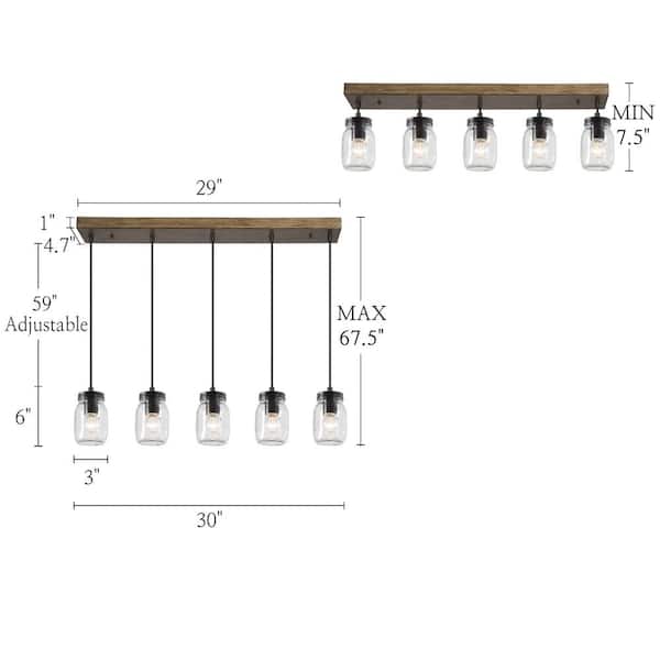 Industrial Kitchen Island Faux Wood Chandelier Farmhouse 5-Light Dining Room Black Chandelier with Mason Jar Shades