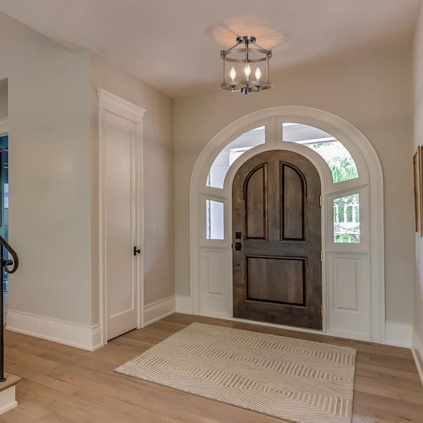 Modern Farmhouse Brown Drum Semi Flush Mount 3-Light Faux Wood Textured Candlestick Bedroom Living Room Ceiling Lighting