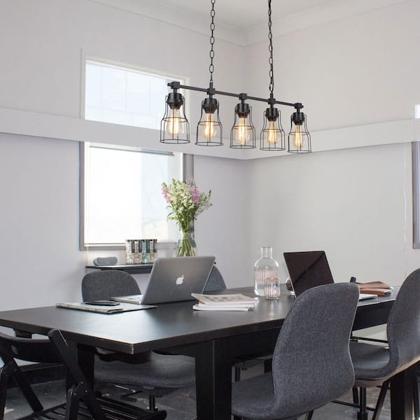 Modern Industrial Black Island Chandelier 5-Light Linear Large Hanging Pendant light with Geometric Metal Cage Shades