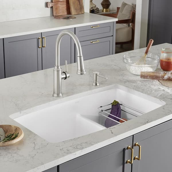 PERFORMA Silgranit 33 in. Undermount 60/40 Double Bowl White Granite Composite Kitchen Sink with Low Divide