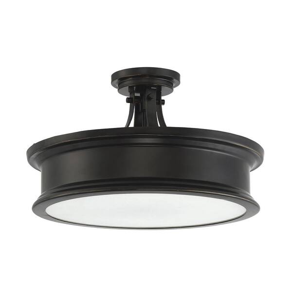 Watkins 16 in. W x 9.25 in. H 3-Light Classic Bronze Semi-Flush Mount Ceiling Light with Opal Glass Shade Cover