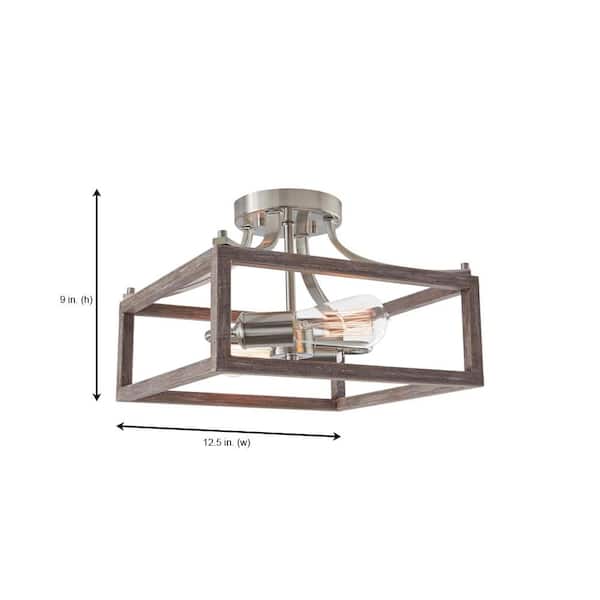 Boswell Quarter 12-1/2 in. 2-Light Brushed Nickel Farmhouse Semi-Flush Mount with Painted Weathered Gray Wood Accents