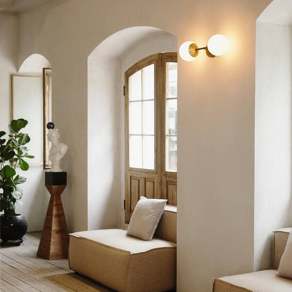 Celestia 2-Light Matte Black Wall Sconce with Antique Brass Socket and Matte Opal Glass Shades