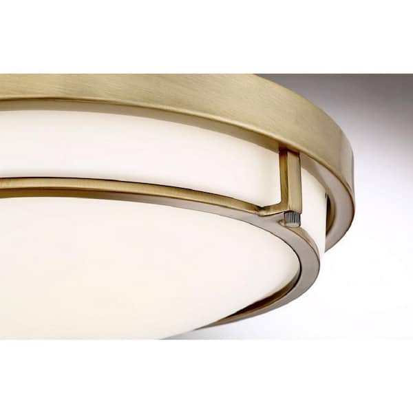13 in. W x 4 in. H 2-Light Semi-Flush Mount with Natural Brass Metal Ring and White Glass Shade