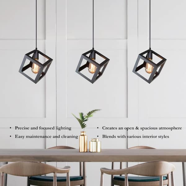 Modern Black Square Pendant Light DIY 1-Light Industrial Kitchen Island Bedroom Hallway Cube Hanging Chandelier (1-Pack)