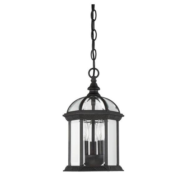 Kensington 8.25 in. W x 13.75 in. H  3-Light Textured Black Outdoor Hanging Lantern with Clear Beveled Glass Panels